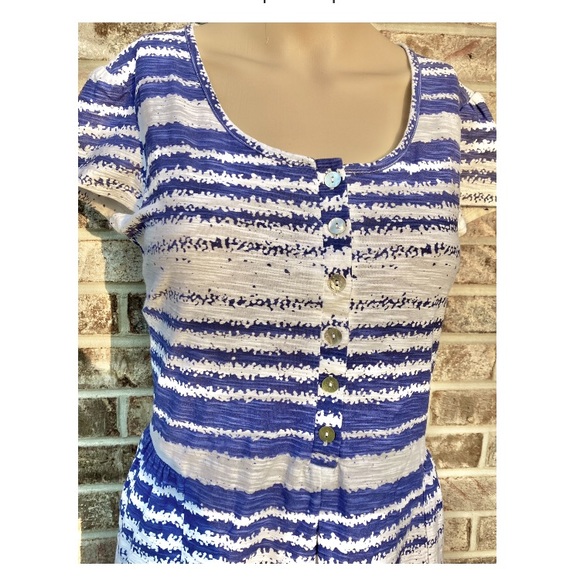 NWTs Adini Blue & White Watercolor Striped Babydoll Aline Dress - Picture 2 of 6